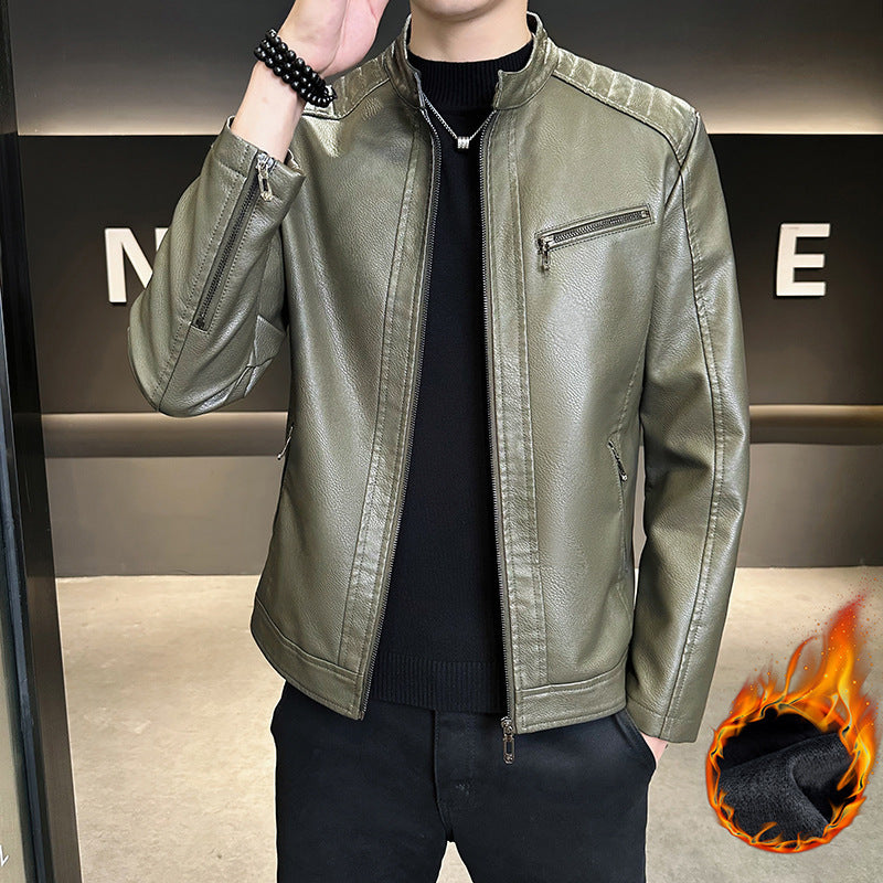 Herren Modische Kunstlederjacke mit praktischem Stehkragen Drune