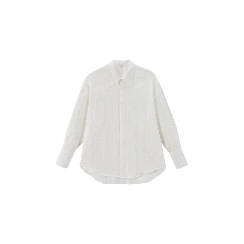 Unisex Oversize Leinenmix‑Hemd mit Strukturstreifen, Kentkragen und gerundetem Saum Drune