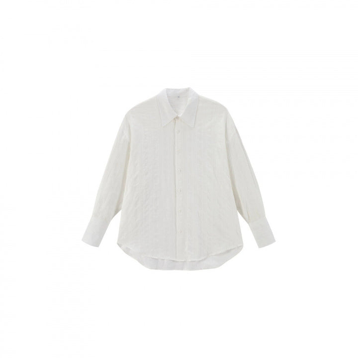 Unisex Oversize Leinenmix‑Hemd mit Strukturstreifen, Kentkragen und gerundetem Saum Drune
