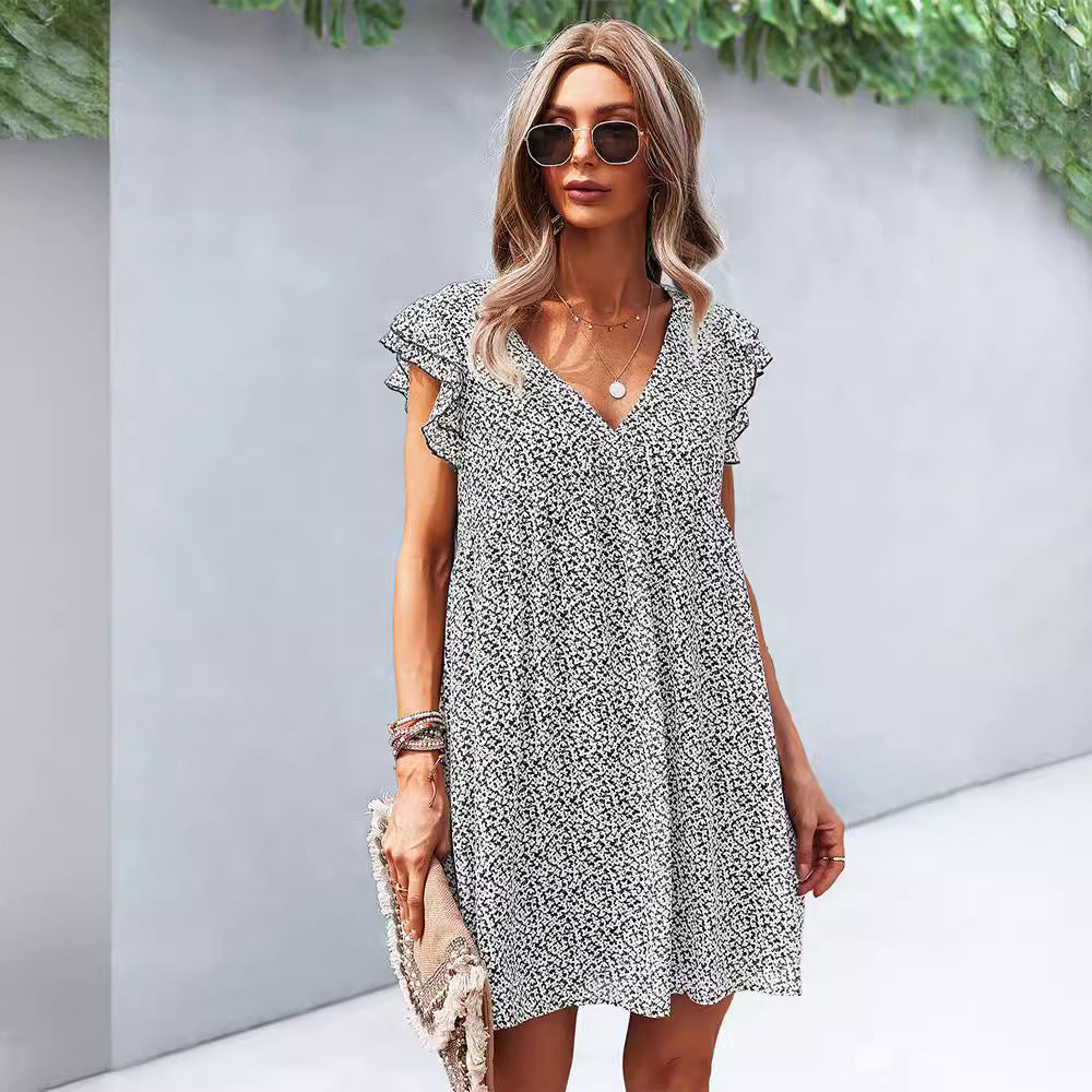 Damen Freizeitkleid mit voluminösen Rüschenärmeln und V-Ausschnitt Drune