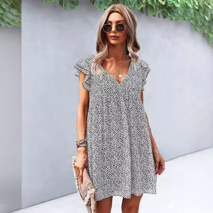 Damen Freizeitkleid mit voluminösen Rüschenärmeln und V-Ausschnitt Drune