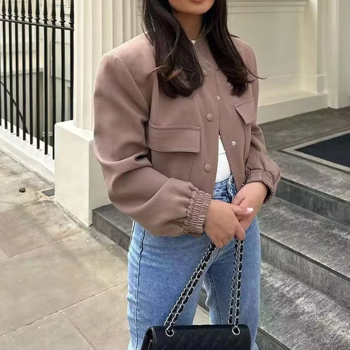 Damen elegante Sweatjacke mit praktischen Taschen und modernem Stehkragen Drune
