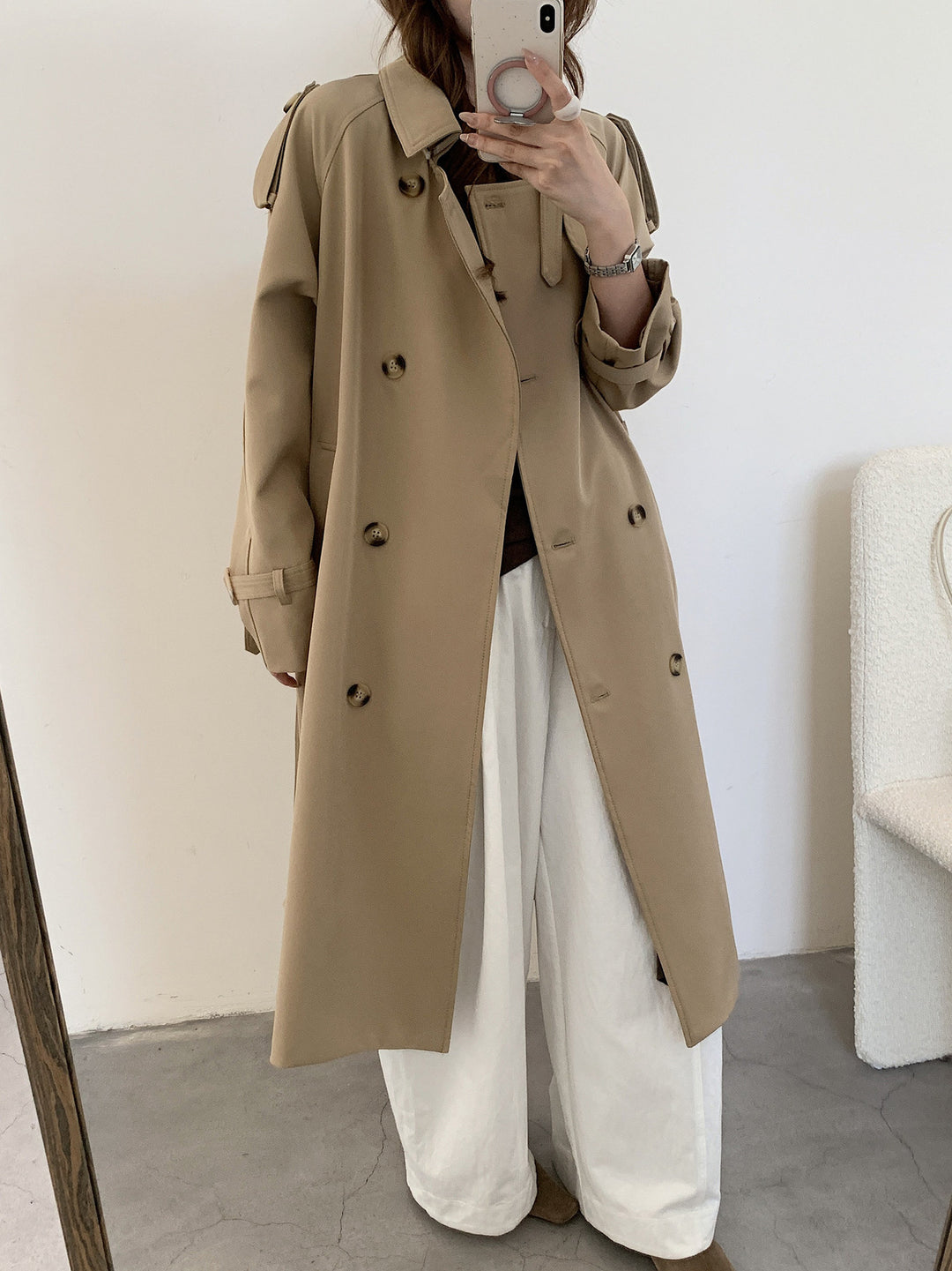 Damen langer doppelreihiger Trenchcoat mit Schulterklappen und Taillengürtel Drune