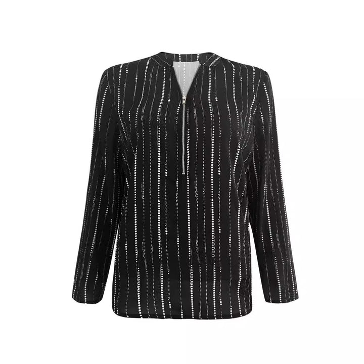 Damen Leichte Viskose-Bluse mit Stehkragen, Reißverschluss und vertikalem Punktstreifen Drune