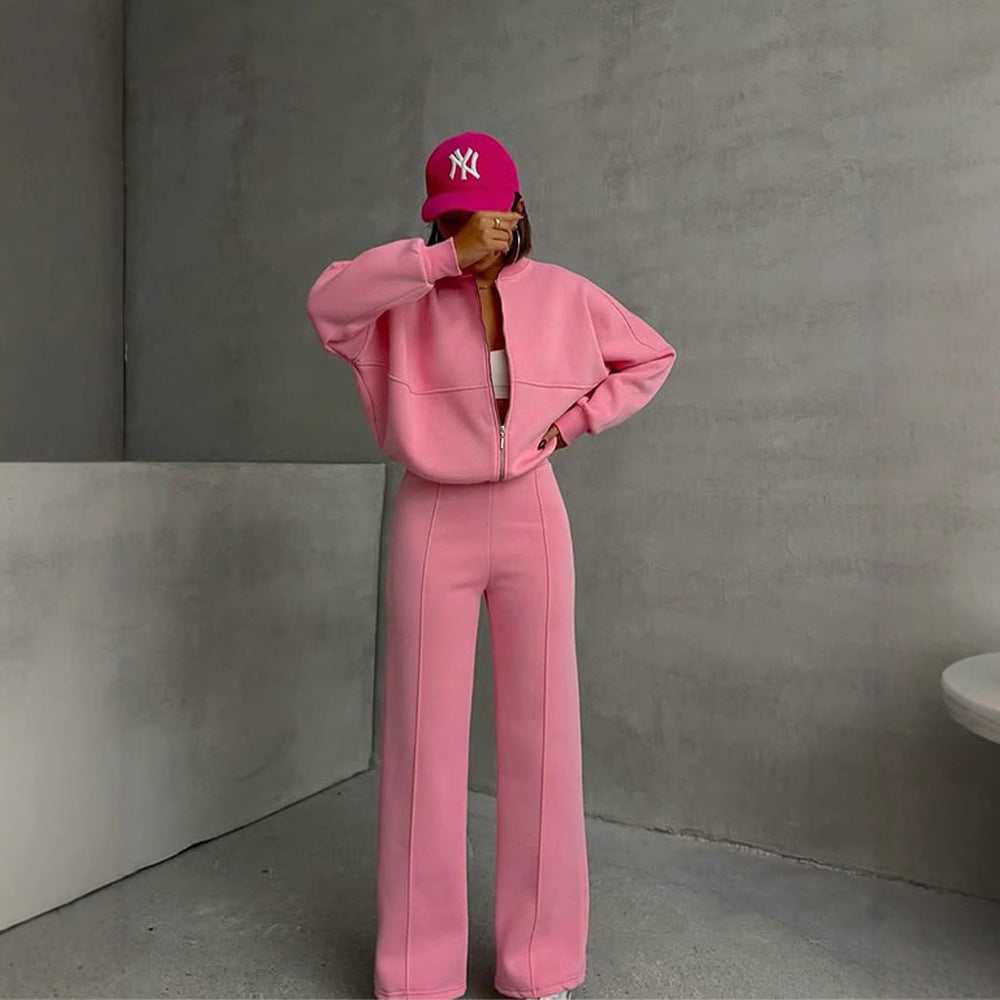 Damen sportive Oversize-Fleecejacke mit diagonaler Reißverschluss-Optik und weit geschnittener High-Waist-Jogginghose Drune