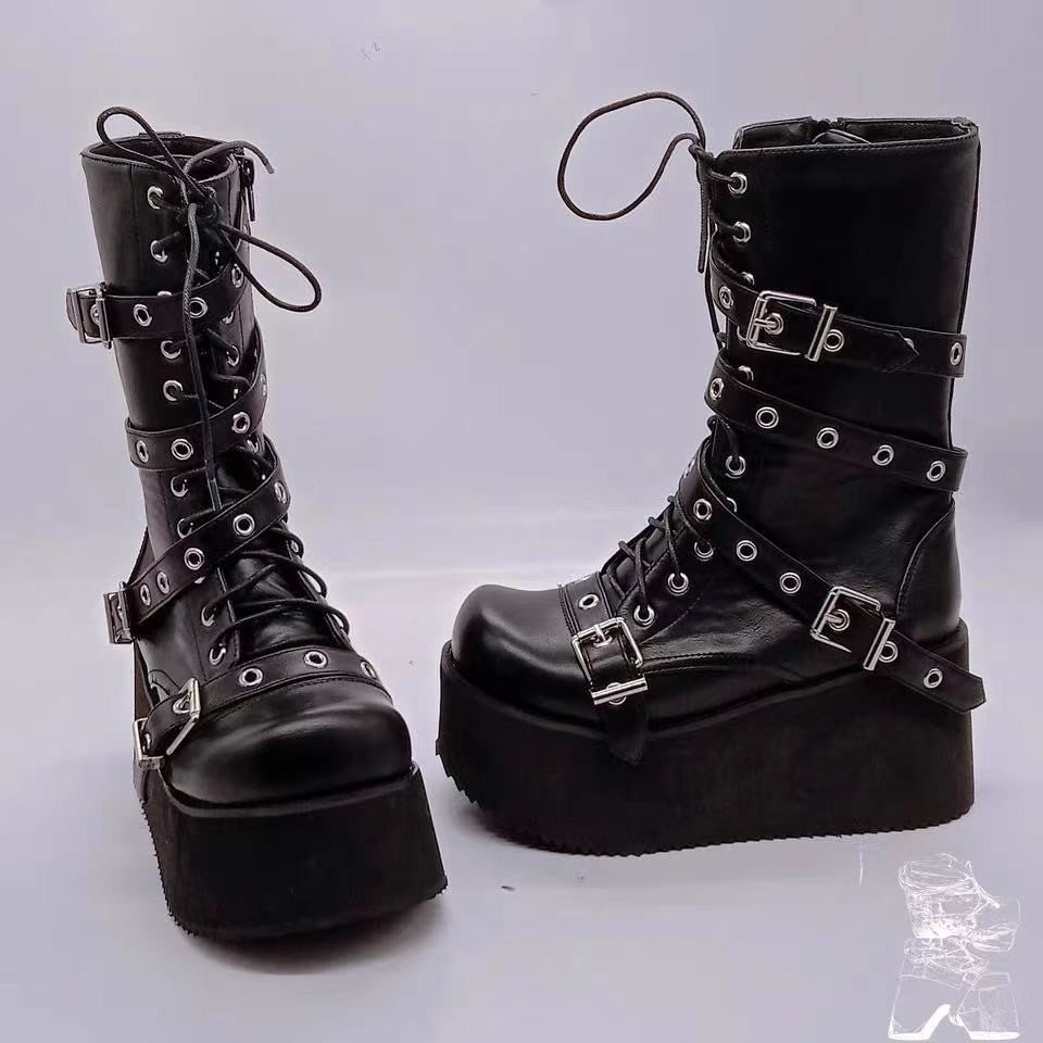 Damen plateau Combatstiefel mit Schnallen Ösen Schnürung und seitlichem Reißverschluss Drune