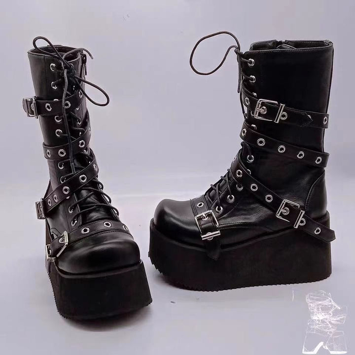 Damen plateau Combatstiefel mit Schnallen Ösen Schnürung und seitlichem Reißverschluss Drune