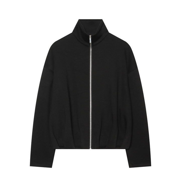 Damen Boxy Cropped Stehkragen‑Strickjacke mit durchgehendem Reißverschluss und überschnittener Schulter Drune