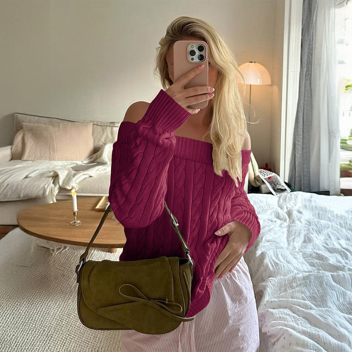 Damen nan oversized schulterfreier Zopfstrickpullover mit geripptem Ausschnitt und Ballonärmeln Drune