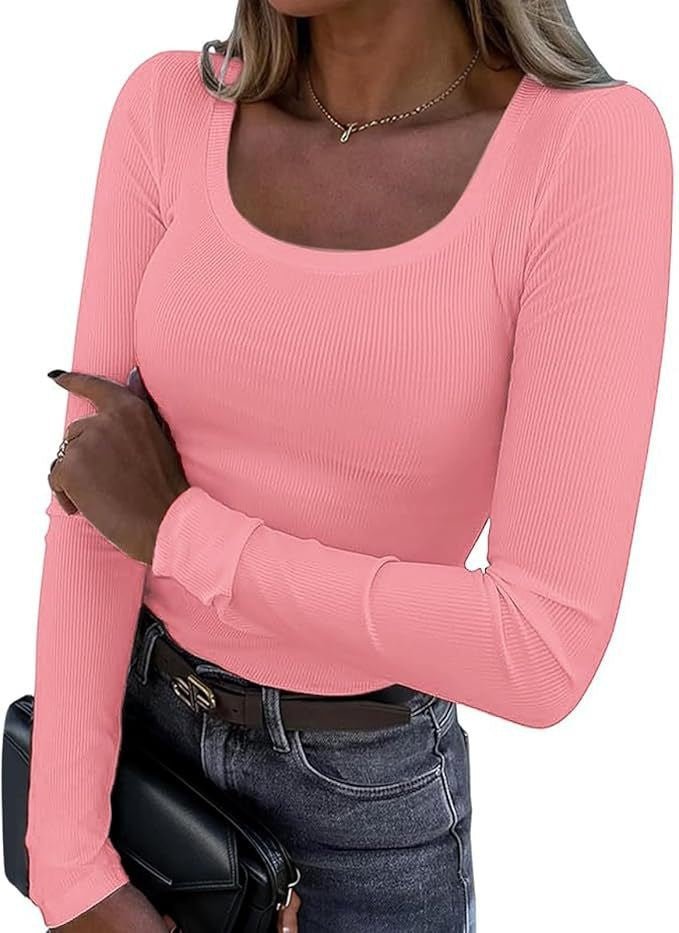 Damen Figurnahes geripptes Longsleeve mit weitem Quadratausschnitt und Stretch-Material Drune