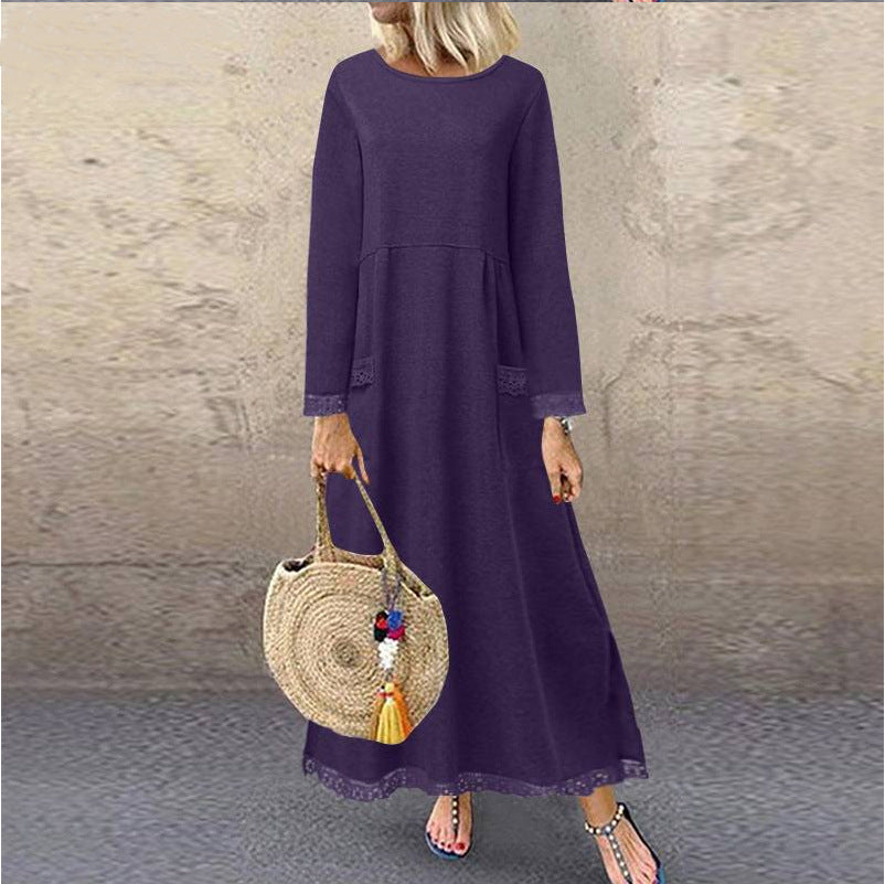 Damen nan Maxikleid mit lockerem A‑Linien Schnitt, Rundhalsausschnitt, aufgesetzten Eingrifftaschen und zierlichem Spitzenbesatz Drune