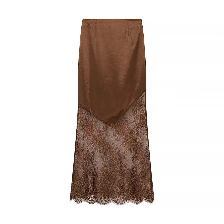 Damen nan Maxirock mit transparentem Spitzenunterteil und asymmetrischem Satin-Overlayer Drune