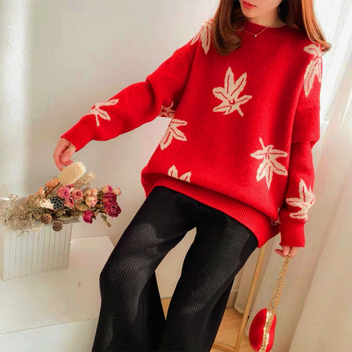 Damen Oversized Pullover mit Blattform Drune