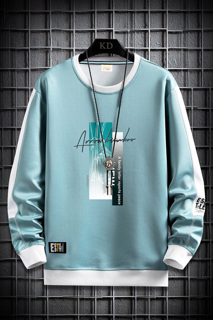 Herren Sportlich‑urbanes Rundhals‑Sweatshirt mit Kontrastärmeln, gerippten Bündchen & frontalem Grafikprint Drune