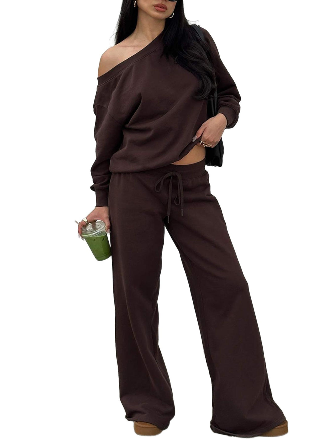 Damen Lässiges Off-Shoulder Lounge-Set aus French-Terry mit weitem Bein und Kordelzug Drune