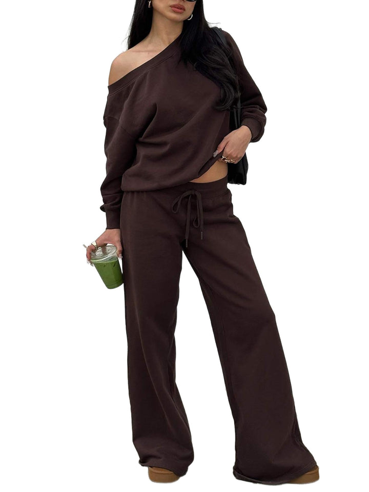 Damen Lässiges Off-Shoulder Lounge-Set aus French-Terry mit weitem Bein und Kordelzug Drune
