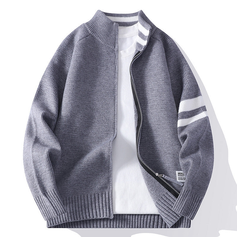 Herren nan gestrickte Zip-Cardigan im College-Stil mit gestreiftem Ärmelband und geripptem Stehkragen Drune