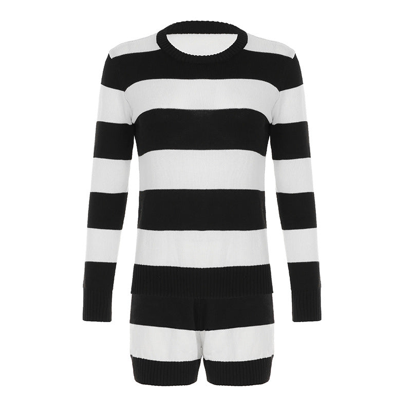 Damen nan gestreifter Rundhals-Pullover aus Feinstrick mit gerippten Bündchen und schmaler Passform Drune