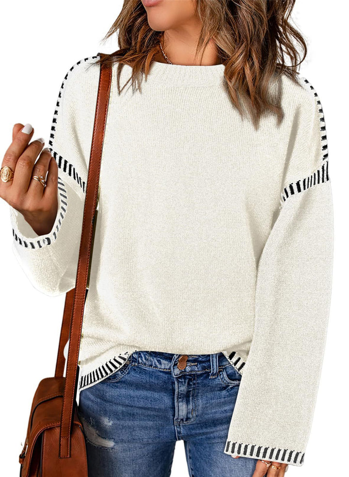 Damen Grobstrickpullover mit modischem Kontrastsaum und weiten Ärmeln Drune