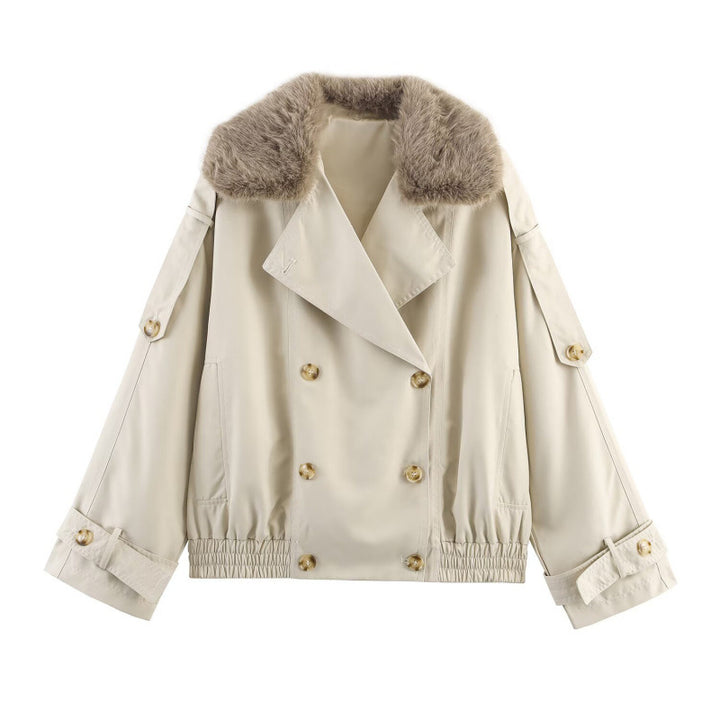 Damen modische Jacke mit kunstvollem Fellkragen und doppelter Knopfblende Drune
