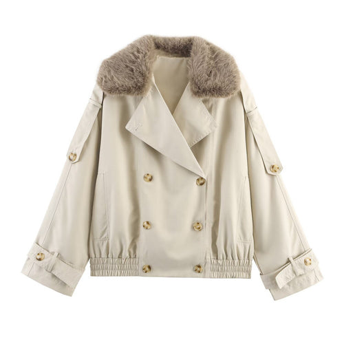 Damen modische Jacke mit kunstvollem Fellkragen und doppelter Knopfblende Drune