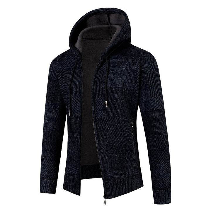 Herren Strukturierter Strick-Zip-Hoodie mit gefütterter Kapuze und grafischem Patchmuster Drune