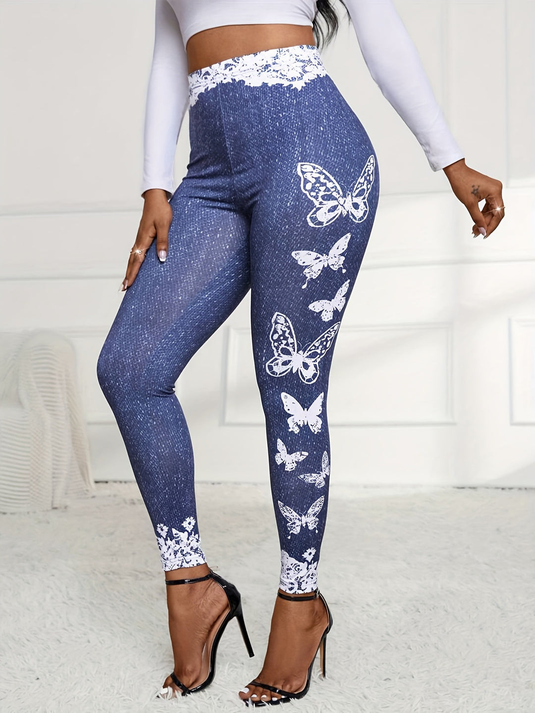 Damen Leggings mit floralem Spitzensaum und buntem Schmetterlingsdruck Drune