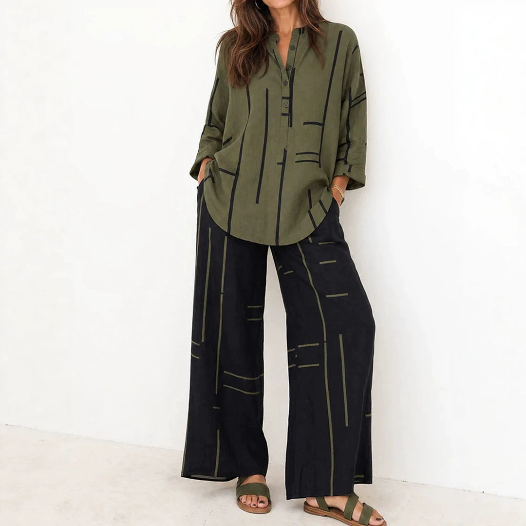 Damen Lockeres Hemdblusen- und Palazzo-Hose-Set aus Leinenoptik Drune