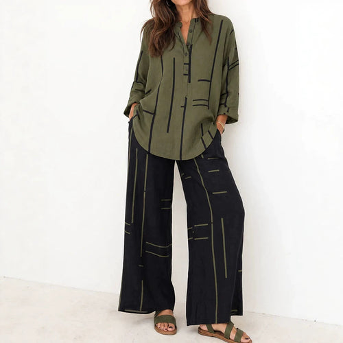 Damen Lockeres Hemdblusen- und Palazzo-Hose-Set aus Leinenoptik Drune