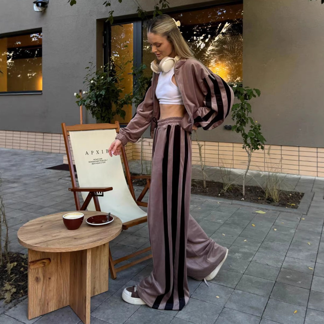 Damen sportlicher Velours-Jogginganzug mit hochgezogenem Kragen und elastischem Bund Drune