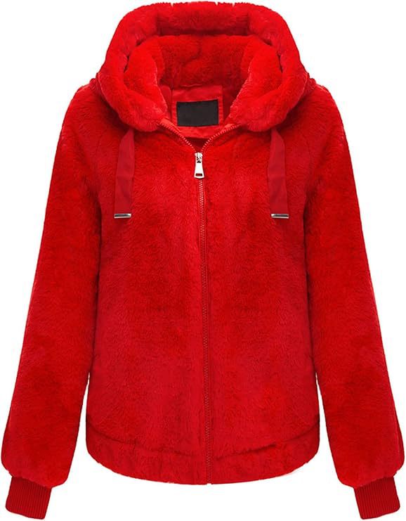 Damen Kapuzen‑Teddyjacke aus weichem Faux‑Fur mit Reißverschluss und Rippbündchen Drune