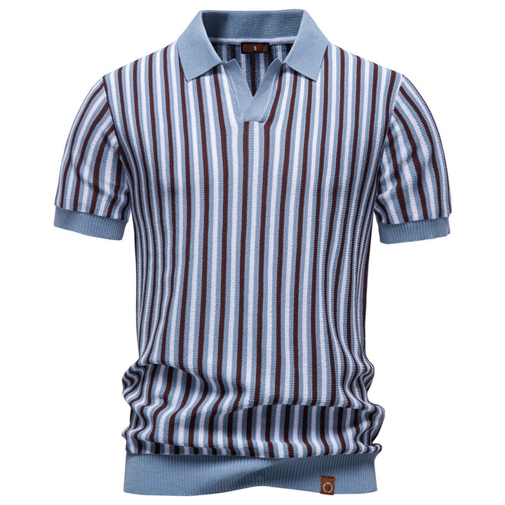 Herren nan gestreiftes Strickpoloshirt kurzarm aus feiner Baumwollmischung mit Polokragen und Rippbündchen Drune