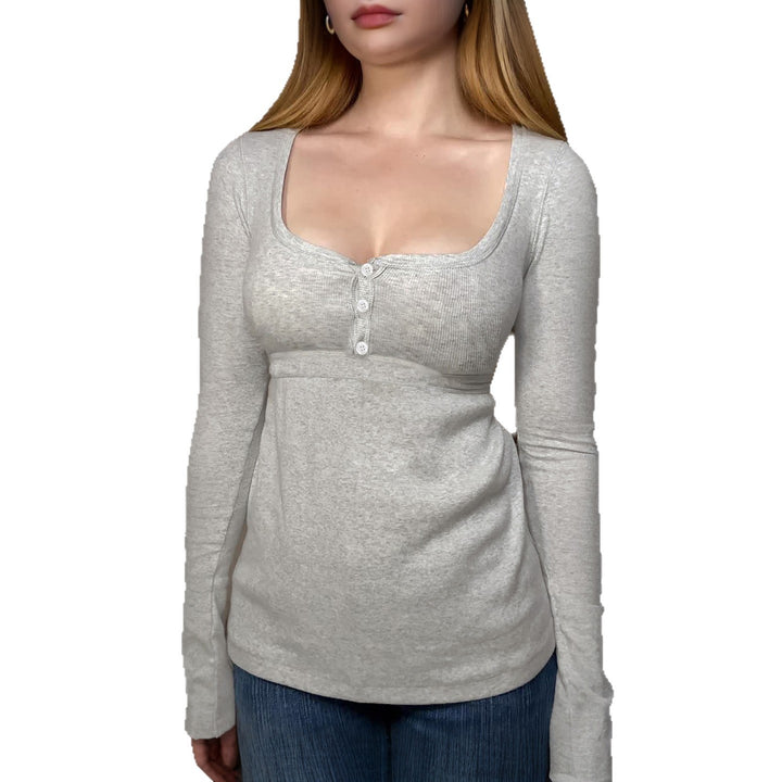 Damen nan tailliertes Still-Longsleeve mit Knopfleiste, Unterbrustnaht und elastischem Jersey Drune