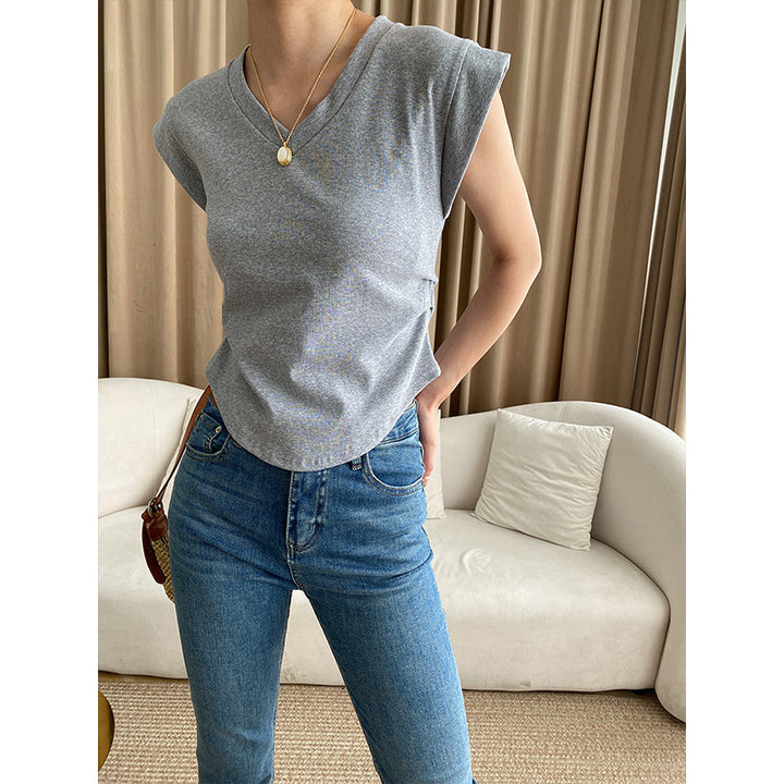 Damen Kurzarm T-Shirt mit V-Ausschnitt und lässigen Schulterpolstern Drune