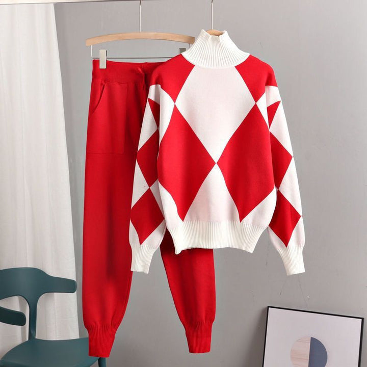 Damen stylisches Freizeitstrickset mit hohem Kragen Drune