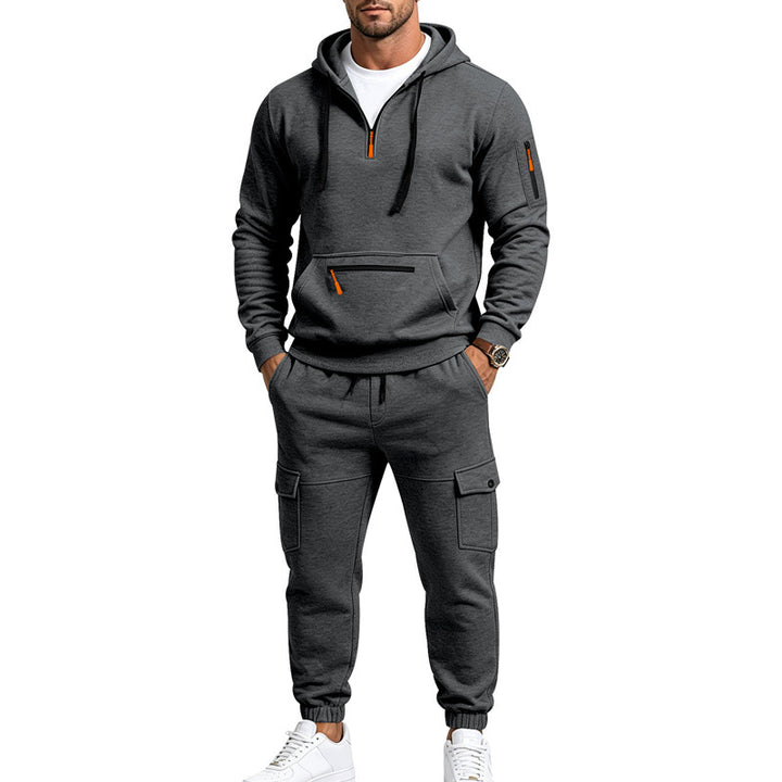 Herren Zweiteiliges Fleece-Loungewear-Set mit Halbzip-Kapuze und Cargo-Jogger Drune