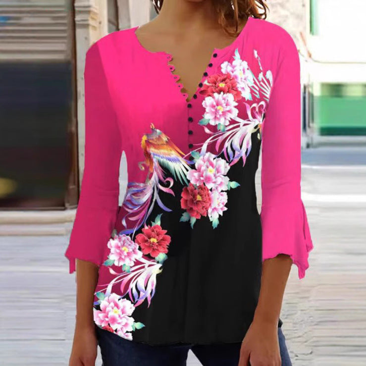 Damen nan V-Ausschnitt Tunika-Bluse mit floralem Vogelmuster, dreiviertel-Volantärmeln und figurumspielendem Saum Drune