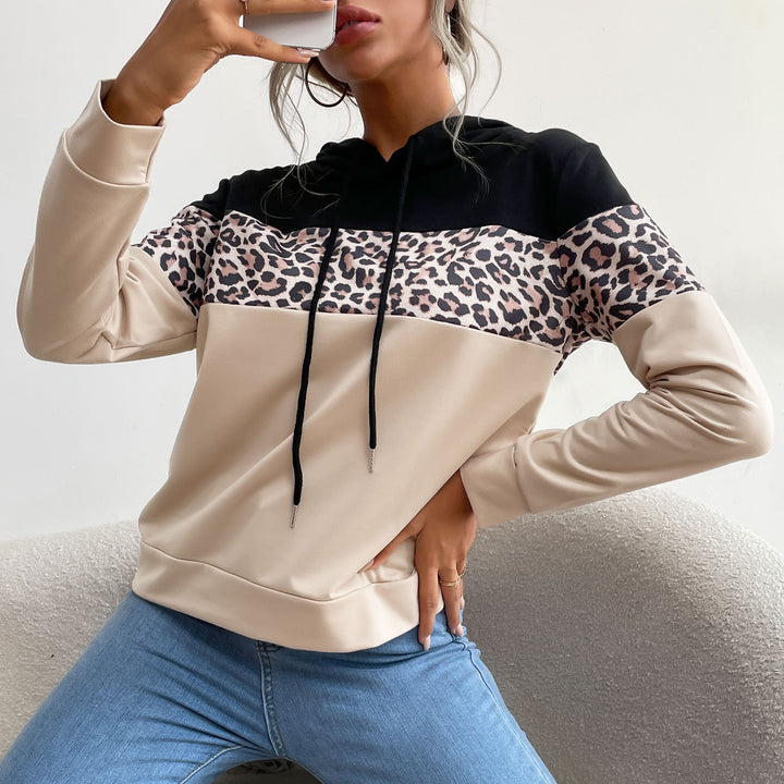 Damen Kapuzensweatshirt mit Leoprint-Besatz und Kängurutasche Drune