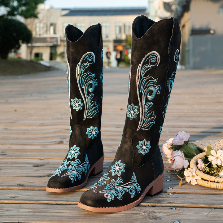 Damen Cowboy-Stiefel mit handgefertigten floralen Details und bequemem Blockabsatz Drune