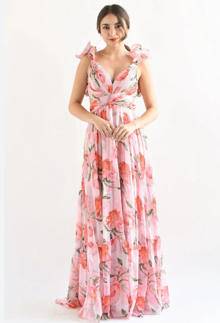 Damen Maxikleid mit blumiger Eleganz und verspielten Rüschendetails Drune