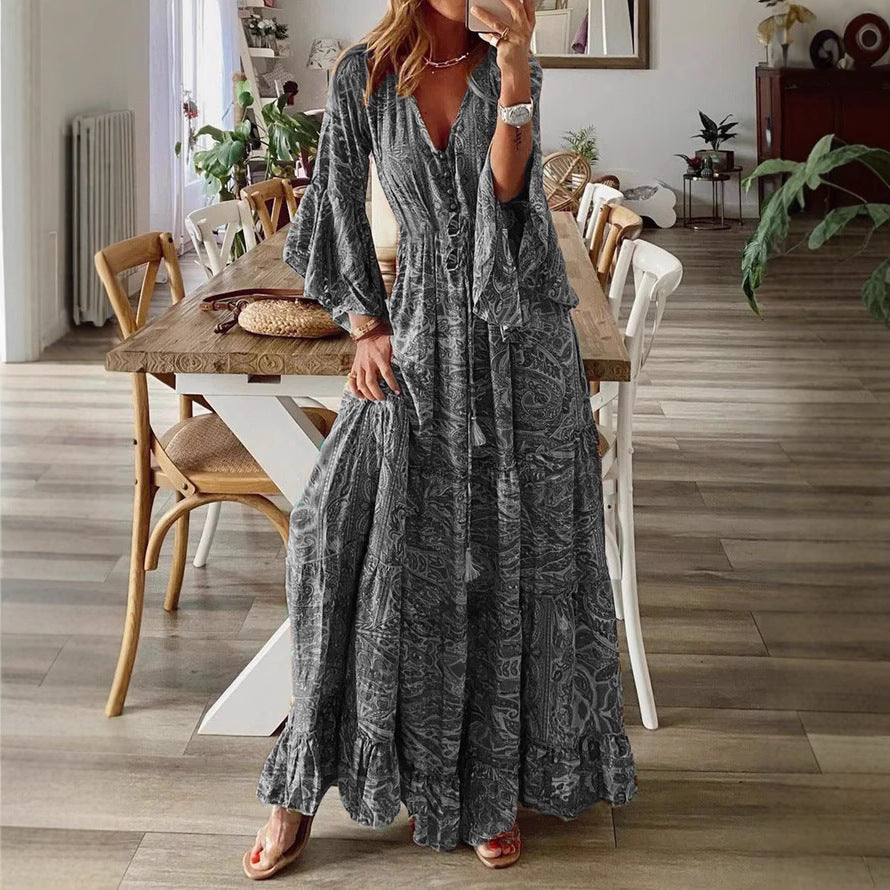 Damen Boho Maxikleid mit Paisley-Print, V-Ausschnitt, Stufenrock und Bindegürtel Drune