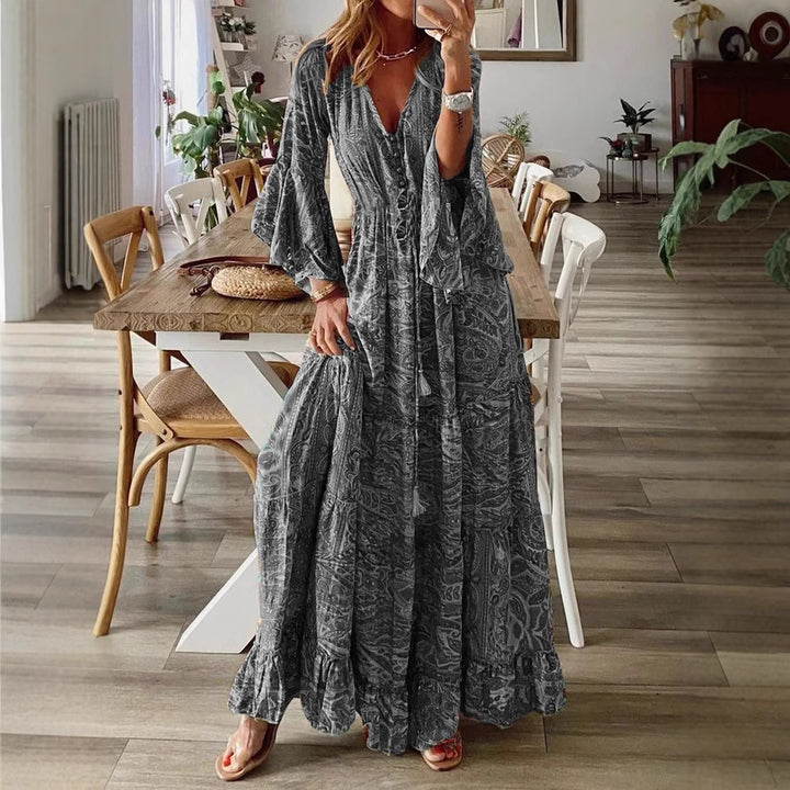 Damen Boho Maxikleid mit Paisley-Print, V-Ausschnitt, Stufenrock und Bindegürtel Drune