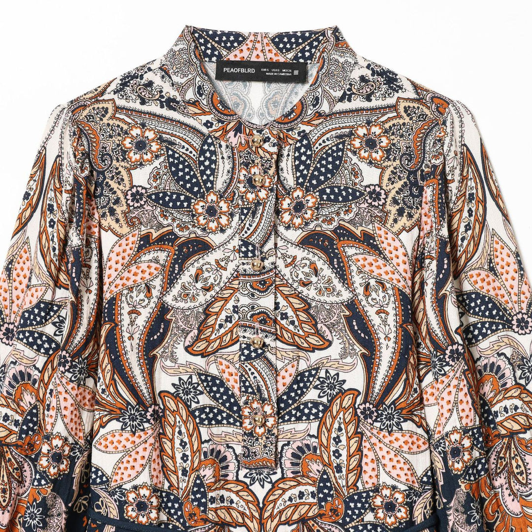 Damen nan Paisley-Tunika mit Stehkragen, Taillenzug und Ballonärmeln Drune