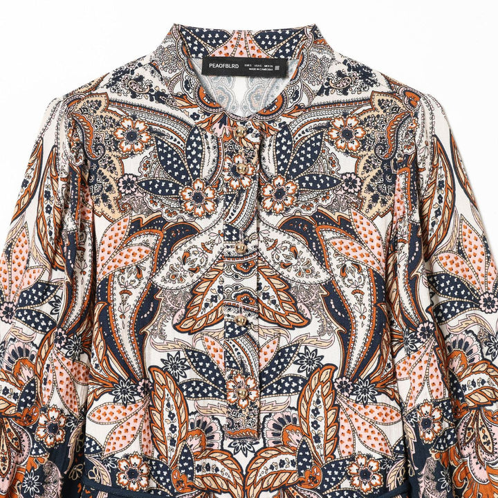 Damen nan Paisley-Tunika mit Stehkragen, Taillenzug und Ballonärmeln Drune
