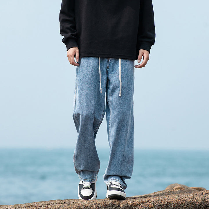 Herren Weite Vintage‑Washed Baggy-Jeans im Joggerstil mit Tunnelzugbund und geripptem Knöchelabschluss Drune