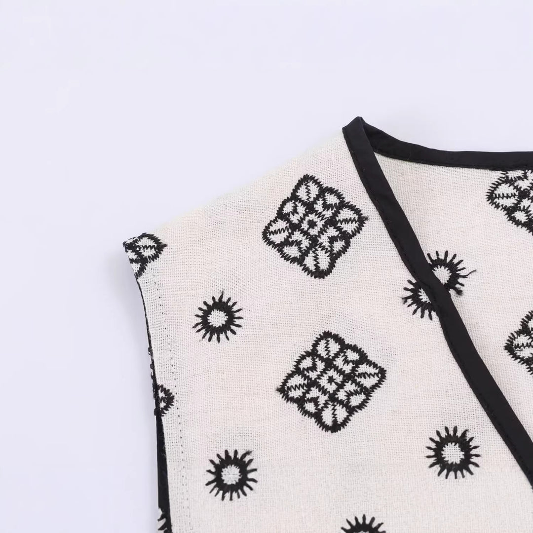 Damen Ärmellose bestickte Weste mit Paisley‑Motiv und Perlmuttknopfleiste Drune