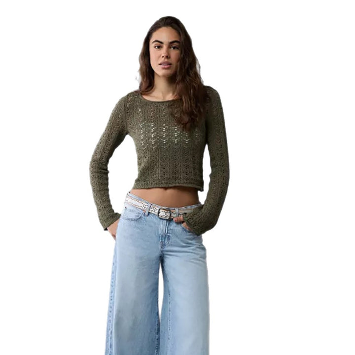 Damen Feinstrick-Cropped-Top mit Ajourmuster und Rundhalsausschnitt Drune