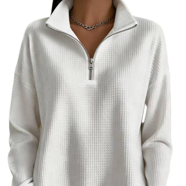 Damen Waffelstrick-Sweatshirt mit halbem Reißverschluss und Stehkragen Drune