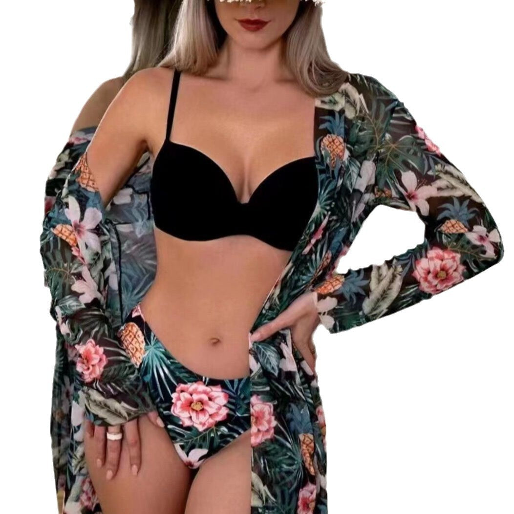 Damen Strand-Bikini mit floralen Verzierungen und elegantem Kimono Drune