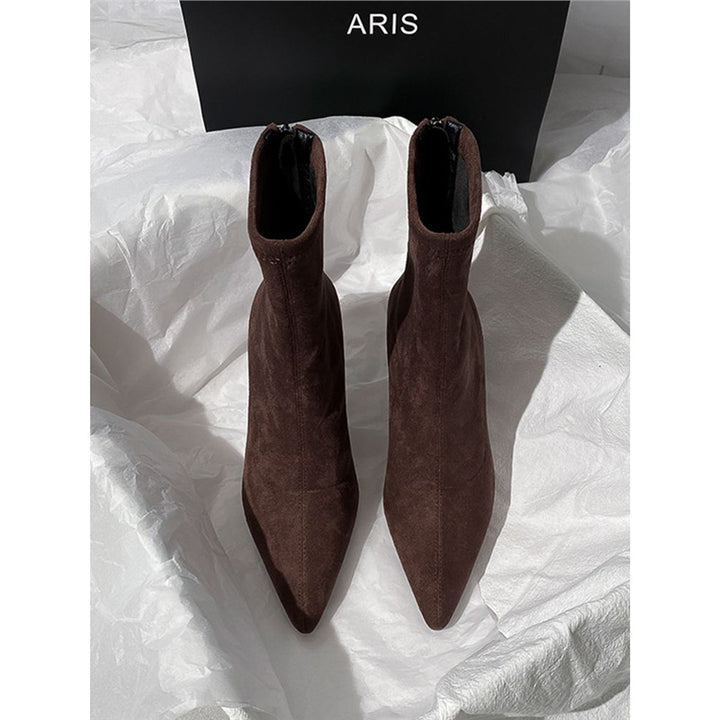 Damen spitz zulaufende Ankle-Boots aus Veloursleder mit sculpted Heel und schmalem Schaft Drune